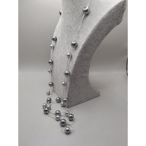 Modern Silver Tone 38 Inch Necklace with Gray Faux Pearls 10mm Beads - Picture 2 of 7